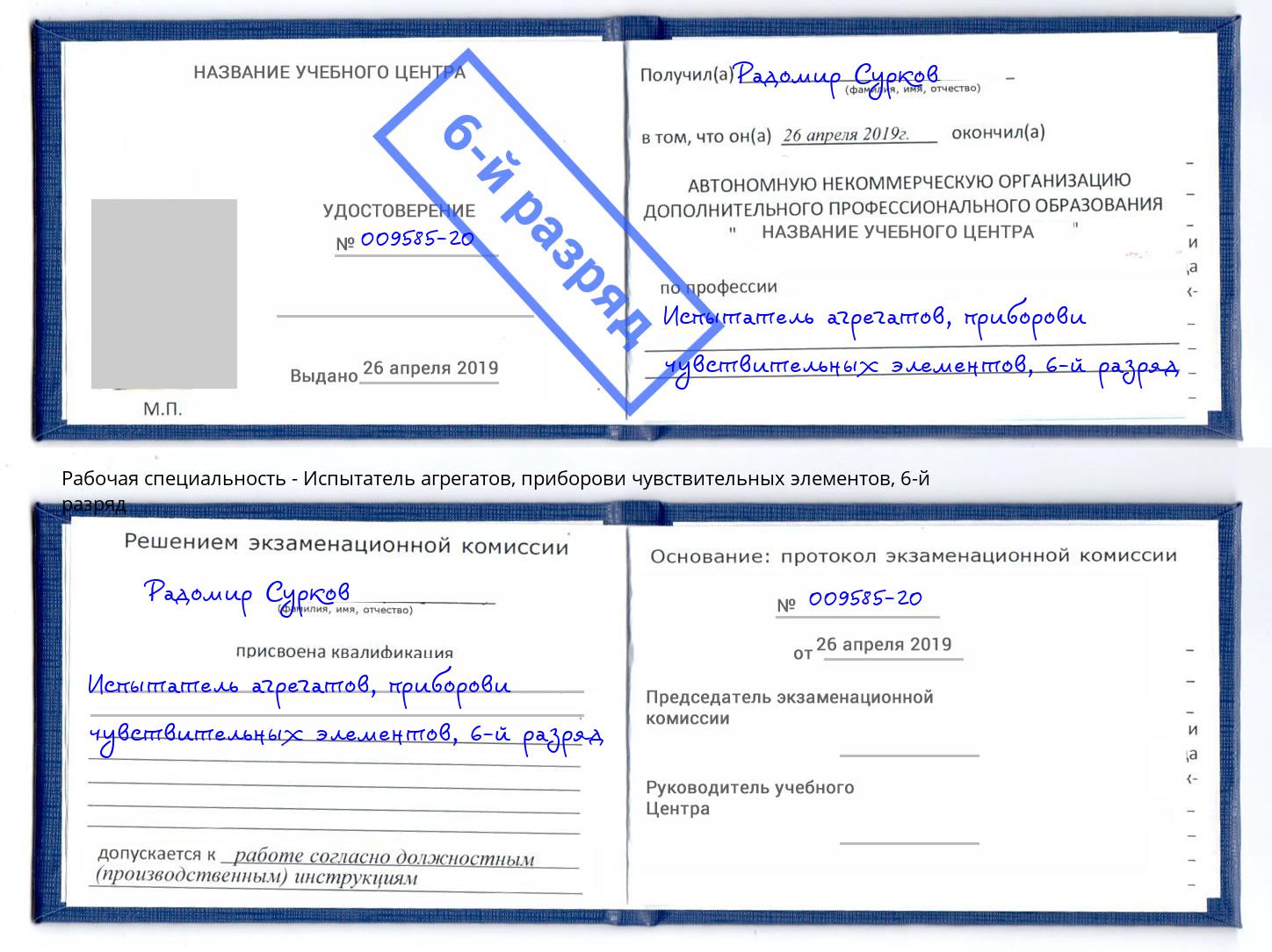 корочка 6-й разряд Испытатель агрегатов, приборови чувствительных элементов Новоуральск