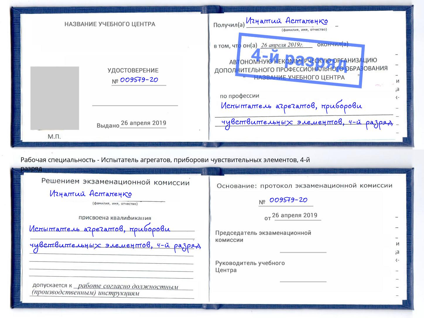 корочка 4-й разряд Испытатель агрегатов, приборови чувствительных элементов Новоуральск