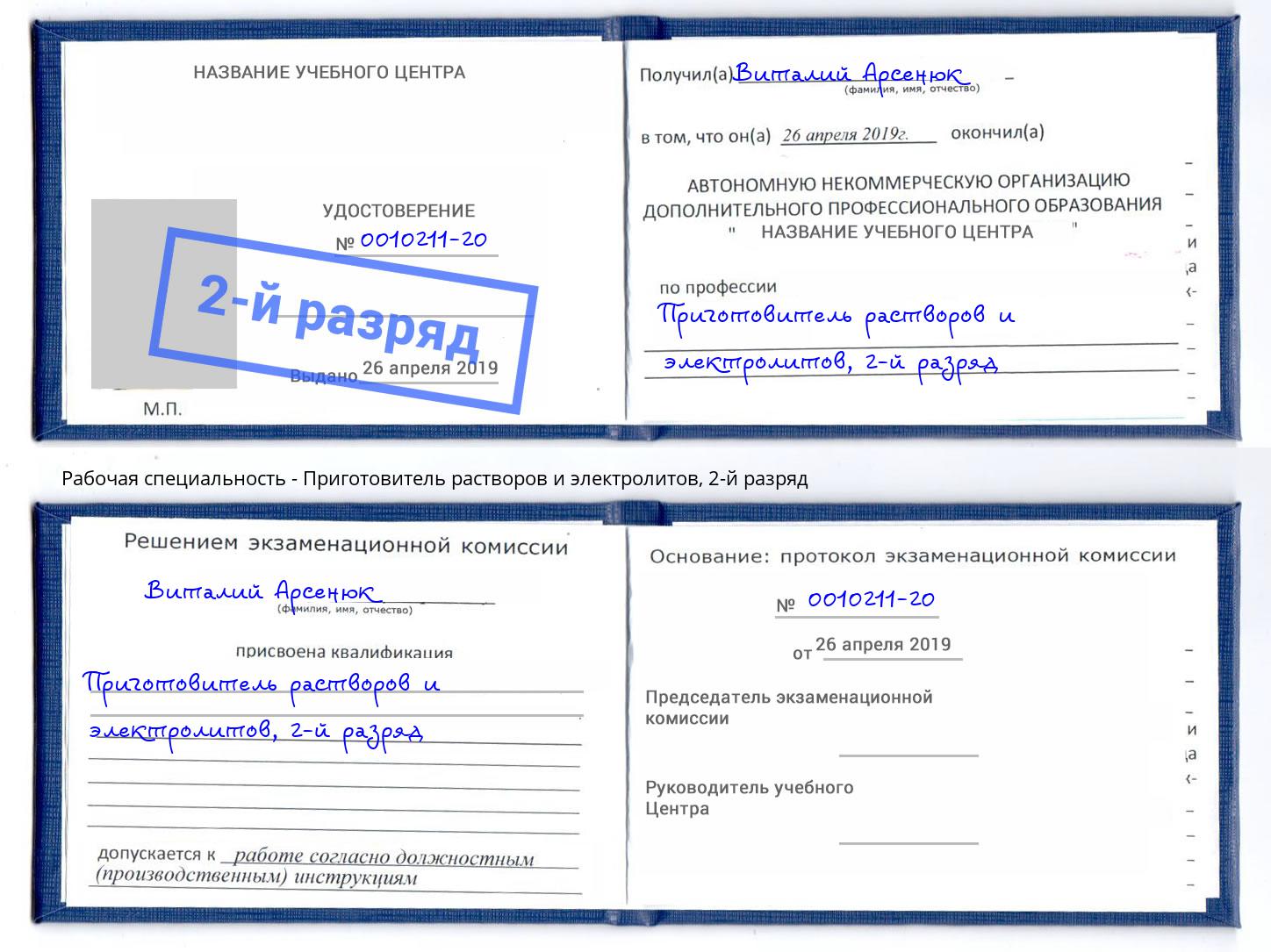 корочка 2-й разряд Приготовитель растворов и электролитов Новоуральск